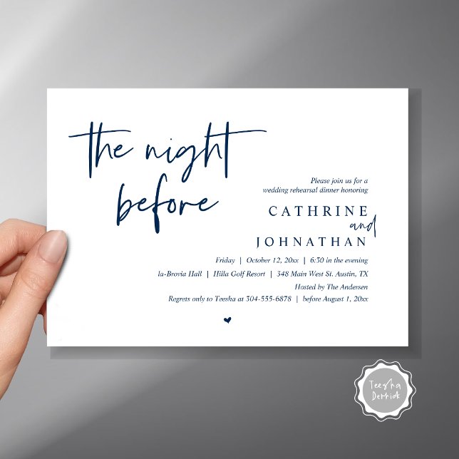 Invitation La veille, Dîner de répétition Mariage (The night before, Wedding Rehearsal Dinner Invitation Card, PDF, in Navy Blue)