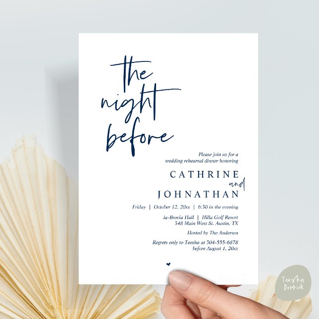 Invitation La veille, Dîner de répétition Mariage (The night before, Modern Wedding Rehearsal Dinner Invitation Card, PDF, in Navy Blue)