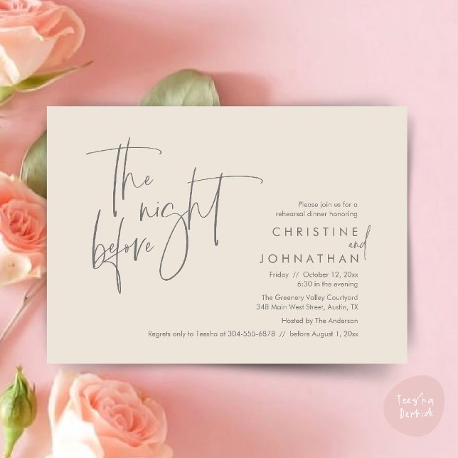 Invitation La veille, Dîner de répétition Mariage (The night before, Casual Modern Wedding Rehearsal Dinner Invitation Card PDF Cream Grey)