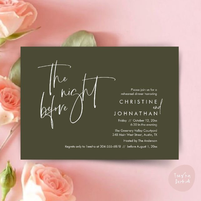 Invitation La veille, Dîner de répétition Mariage (The night before, Casual Modern Wedding Rehearsal Dinner Invitation Card PDF Olive Green)