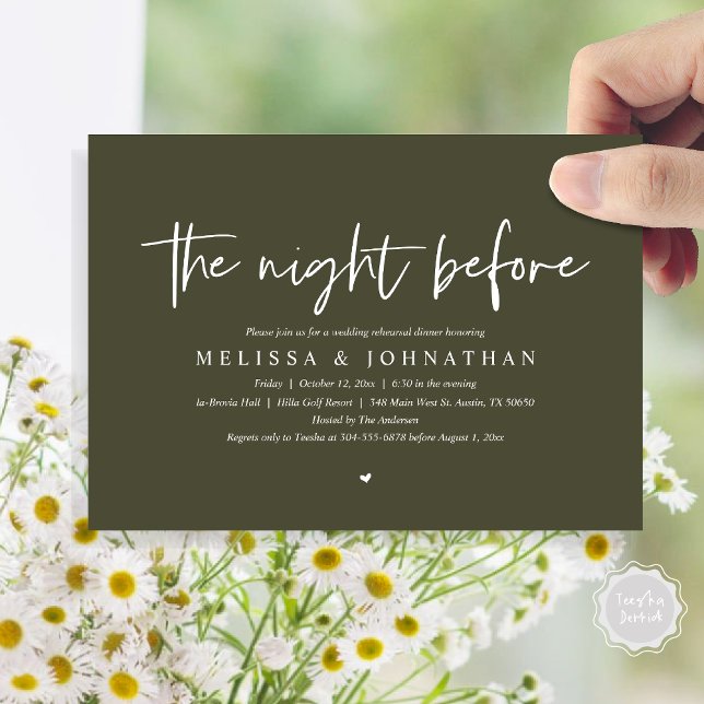 Invitation La veille, Dîner de répétition Mariage (The Night Before, Wedding Rehearsal Dinner Invitation Card, Modern Casual Script, in Olive Green)