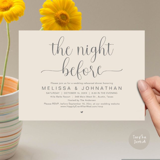 Invitation La veille, Dîner de répétition Mariage (The Night Before, Wedding Rehearsal Dinner Romantic Party Invitation Card Heart PDF Cream Grey)