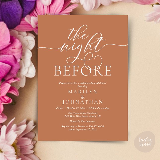 Invitation La veille, Dîner De Répétition Mariage Classique (The Night Before, Classy Romantic Wedding Rehearsal Dinner Party Invitation Card PDF in Copper Brown)