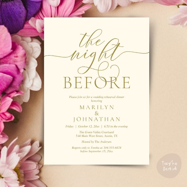 Invitation La veille, Dîner De Répétition Mariage Classique (The Night Before, Classy Romantic Wedding Rehearsal Dinner Party Invitation Card PDF in Yellow Gold)