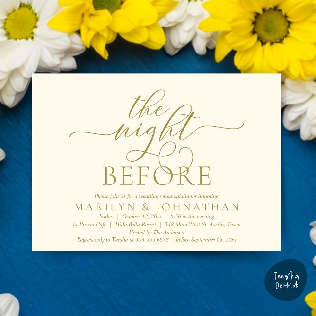 Invitation La veille, Dîner De Répétition Mariage Classique (The Night Before, Classy Romantic Wedding Rehearsal Dinner Party Invitation Card PDF in Yellow Gold)