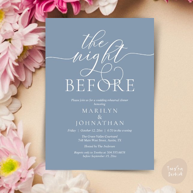 Invitation La veille, Dîner De Répétition Mariage Classique (The Night Before, Classy Romantic Wedding Rehearsal Dinner Party Invitation Card PDF in Dusty Blue)