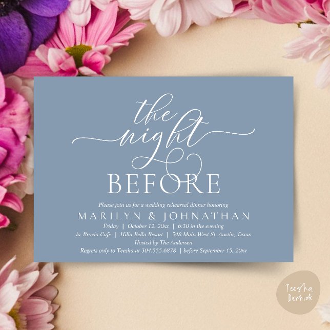 Invitation La veille, Dîner De Répétition Mariage Classique (The Night Before, Classy Romantic Wedding Rehearsal Dinner Party Invitation Card PDF in Dusty Blue)