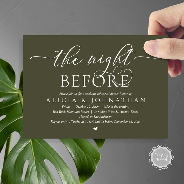 Invitation La veille, Dîner De Répétition Mariage Classique (The Night Before, Classy Romantic Wedding Rehearsal Dinner Invitation Card, PDF, Olive Green)
