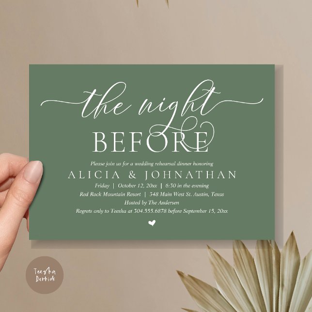 Invitation La veille, Dîner De Répétition Mariage Classique (The Night Before, Classy Romantic Wedding Rehearsal Dinner Invitation Card, PDF, Forest Sage Green)