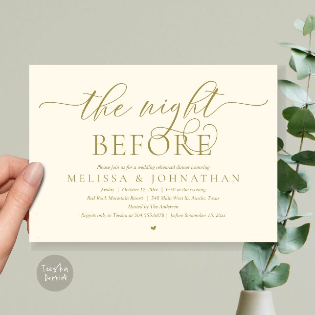 Invitation La veille, Dîner De Répétition Mariage Classique (The Night Before, Modern Wedding Rehearsal Dinner Romance Invitation Card, PDF, Yellow Gold)