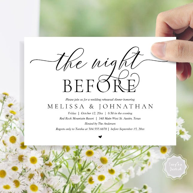 Invitation La veille, Dîner De Répétition Mariage Classique (The Night Before, Modern Wedding Rehearsal Dinner Romance Invitation Card, PDF, Black White)