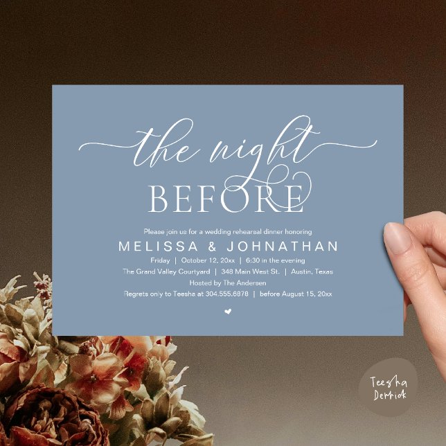 Invitation La veille, Dîner De Répétition Mariage Classique (The Night Before, Classy Modern Wedding Rehearsal Dinner Invitation Card PDF Aesthetic Dusty Blue)