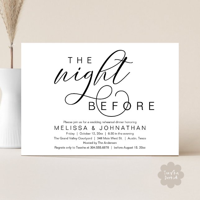 Invitation La veille, Dîner De Répétition Mariage Classique (The Night Before, Classy Romantic Wedding Rehearsal Dinner Invitation Card PDF Modern White Black)