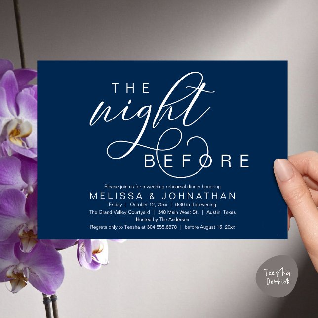 Invitation La veille, Dîner De Répétition Mariage Classique (The Night Before, Classy Romantic Wedding Rehearsal Dinner Invitation Card PDF Modern Navy Blue)