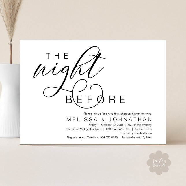 Invitation La veille, Dîner De Répétition Mariage Classique (The Night Before, Classy Romantic Wedding Rehearsal Dinner Invitation Card PDF Modern White Black)