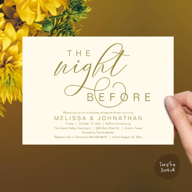 Invitation La veille, Dîner De Répétition Mariage Classique (The Night Before, Classy Romantic Wedding Rehearsal Dinner Invitation Card PDF Modern Yellow Gold)