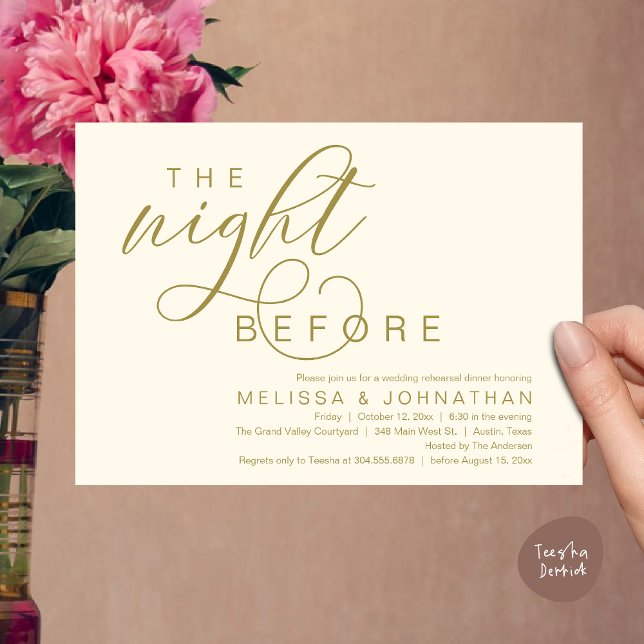 Invitation La veille, Dîner De Répétition Mariage Classique (The Night Before, Classy Romantic Wedding Rehearsal Dinner Invitation Card PDF Modern Yellow Gold)