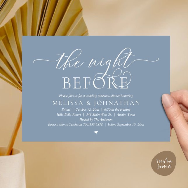 Invitation La veille, Dîner De Répétition Mariage Classique (The Night Before, Classy Romantic Wedding Rehearsal Dinner Invitation Card PDF Dusty Blue)