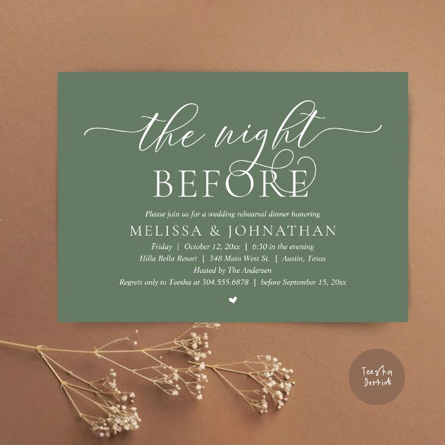 Invitation La veille, Dîner De Répétition Mariage Classique (The Night Before, Classy Romantic Wedding Rehearsal Dinner Invitation Card PDF Greenery Sage Green)