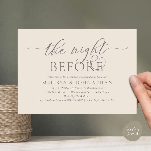 Invitation La veille, Dîner De Répétition Mariage Classique (The Night Before, Classy Romantic Wedding Rehearsal Dinner Invitation Card PDF Cream Grey)