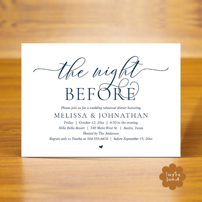 Invitation La veille, Dîner De Répétition Mariage Classique (The Night Before, Classy Wedding Rehearsal Dinner Invitation Card PDF Romantic Navy Blue)