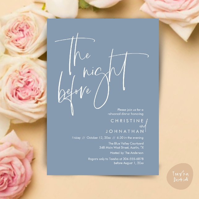 Invitation La veille, Dîner de répétition Mariage Décontracté (The night before, Casual Modern Wedding Rehearsal Dinner Invitation Card PDF Dusty Blue)