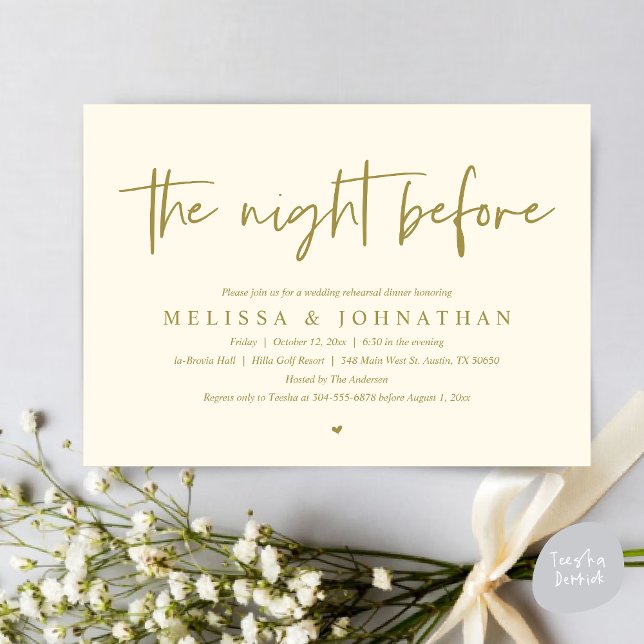 Invitation La veille, Dîner De Répétition Mariage Moderne (The Night Before Wedding Rehearsal Dinner Invitation Card, PDF, Modern Minimalist Yellow Gold)