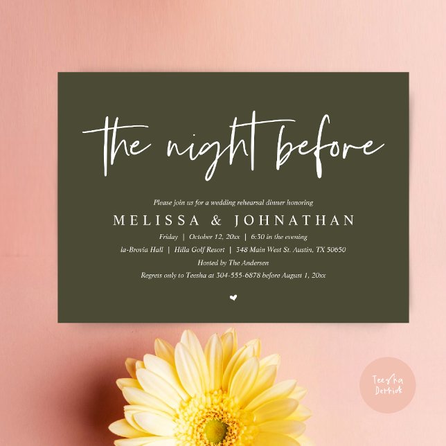 Invitation La veille, Dîner De Répétition Mariage Moderne (The Night Before Wedding Rehearsal Dinner Invitation Card, PDF, Modern Minimalist Olive Green)