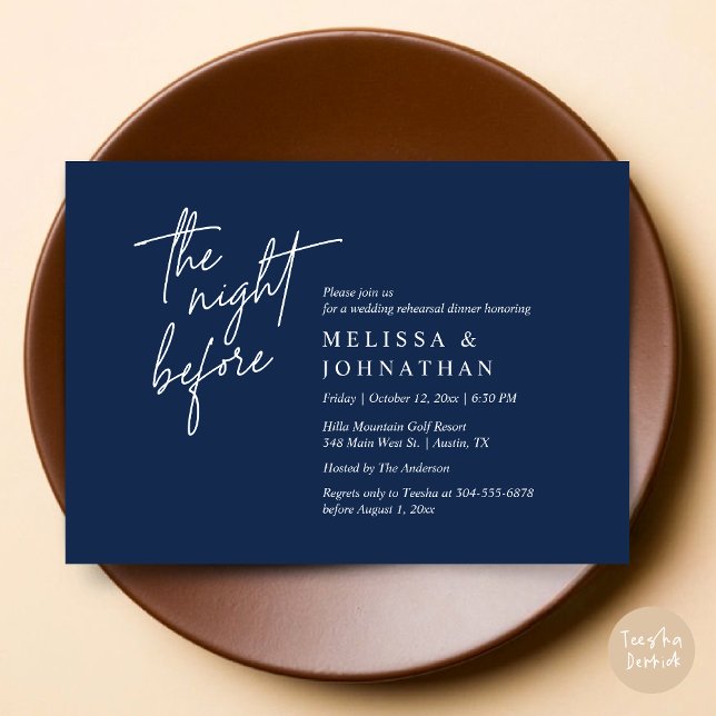 Invitation La veille, Dîner De Répétition Mariage Moderne (The Night Before, Modern Wedding Rehearsal Dinner Modern Invitation Card, PDF, in Navy Blue)