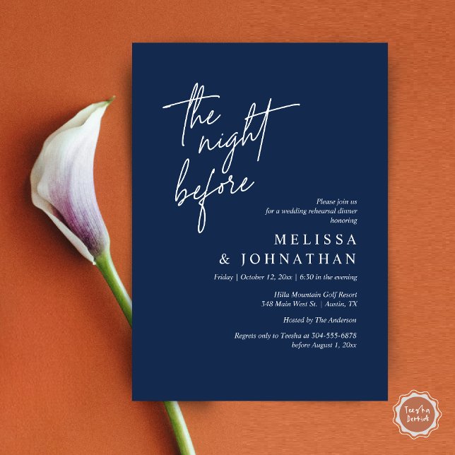 Invitation La veille, Dîner De Répétition Mariage Moderne (The Night Before, Modern Wedding Rehearsal Dinner Modern Invitation Card, PDF, in Navy Blue)