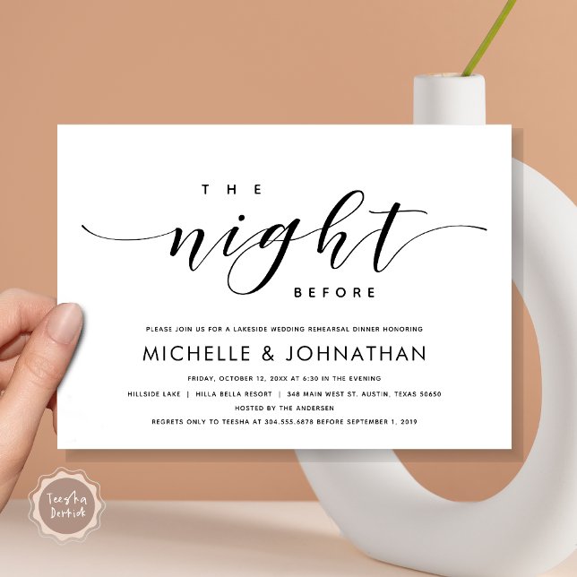 Invitation La veille, Dîner De Répétition Mariage Moderne (The Night Before, Modern Wedding Rehearsal Dinner Invitation Card, Printed and File, in Black White.)
