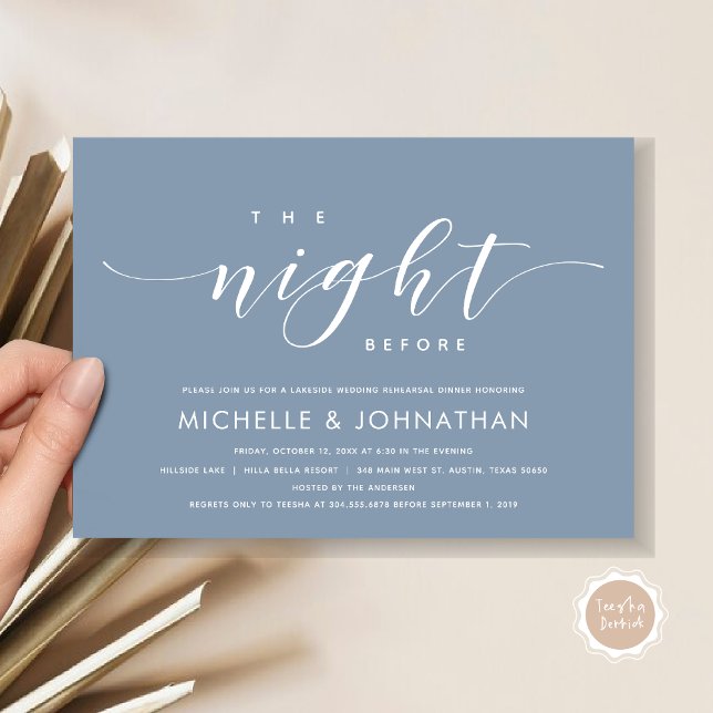 Invitation La veille, Dîner De Répétition Mariage Moderne (The Night Before, Modern Wedding Rehearsal Dinner Invitation Card, in Dusty Blue)
