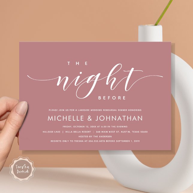 Invitation La veille, Dîner De Répétition Mariage Moderne (The Night Before, Modern Wedding Rehearsal Dinner Invitation Card, in Dusty Rose Retro Boho Pink.)
