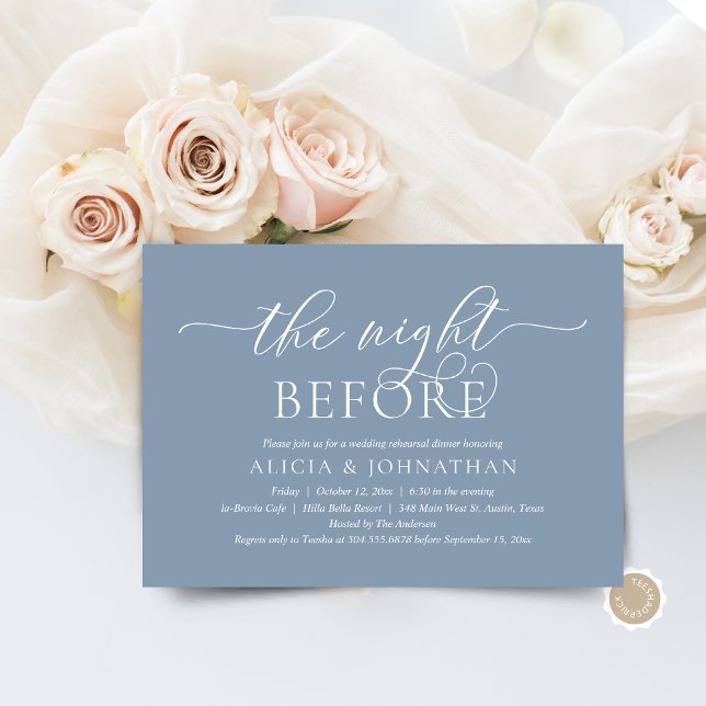 Invitation La veille, Dîner De Répétition Mariage Moderne (The Night Before, Wedding Rehearsal Dinner  Invitation Card, in Modern Contemporary Dusty Blue theme)