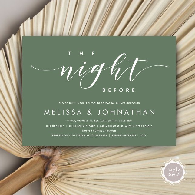 Invitation La veille, Dîner De Répétition Mariage Moderne (The Night Before, Modern Wedding Rehearsal Dinner Invitation Card, PDF, in Forest Sage Green)