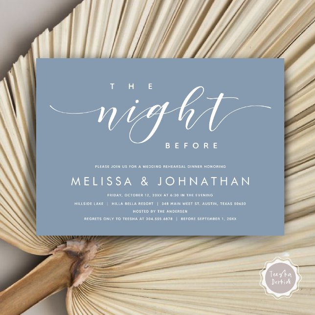 Invitation La veille, Dîner De Répétition Mariage Moderne (The Night Before, Modern Wedding Rehearsal Dinner Invitation Card, PDF, in Dusty Blue)