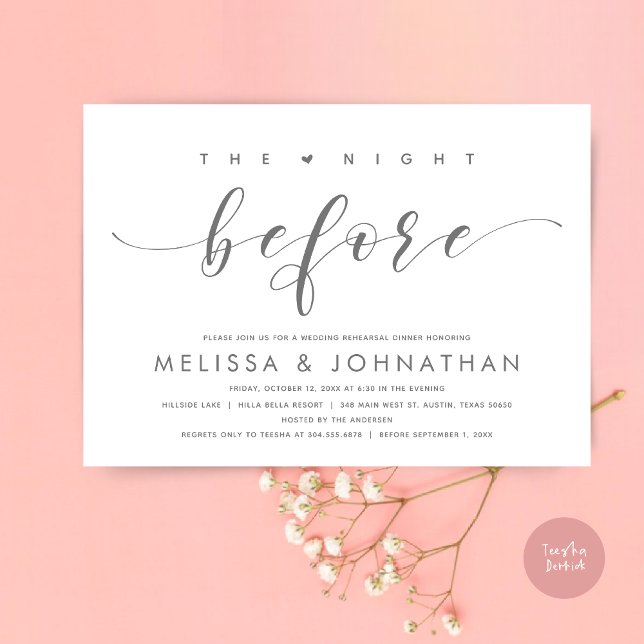 Invitation La veille, Dîner De Répétition Mariage Moderne (The Night Before, Modern Wedding Rehearsal Dinner Invitation Card, PDF, in Dark Grey)