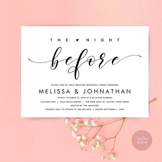 Invitation La veille, Dîner De Répétition Mariage Moderne (The Night Before, Modern Wedding Rehearsal Dinner Invitation Card, PDF, in Black and White)