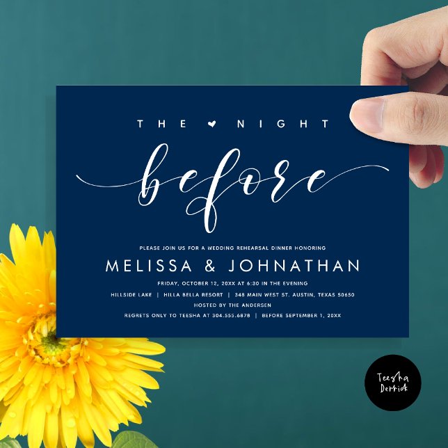 Invitation La veille, Dîner De Répétition Mariage Moderne (The Night Before, Modern Wedding Rehearsal Dinner Invitation Card, PDF, in Classy Navy Blue)