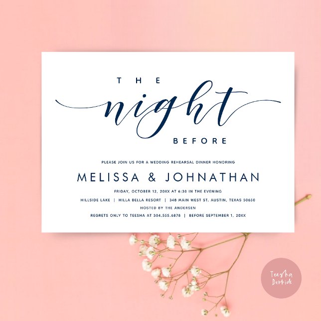 Invitation La veille, Dîner De Répétition Mariage Moderne (The Night Before, Modern Wedding Rehearsal Dinner Invitation Card, PDF, in Classy Navy Blue)