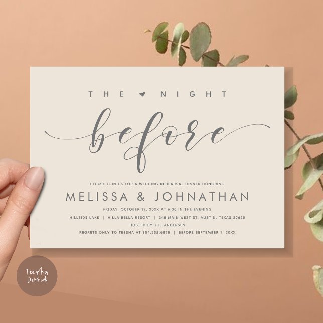 Invitation La veille, Dîner De Répétition Mariage Moderne (The Night Before, Modern Wedding Rehearsal Dinner Invitation Card, PDF, in Cream Dark Grey)