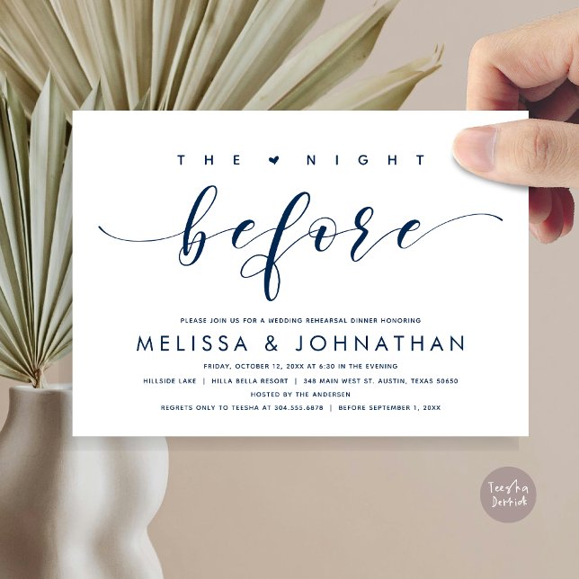 Invitation La veille, Dîner De Répétition Mariage Moderne (The Night Before, Modern Wedding Rehearsal Dinner Invitation Card, PDF, in Classy Navy Blue)