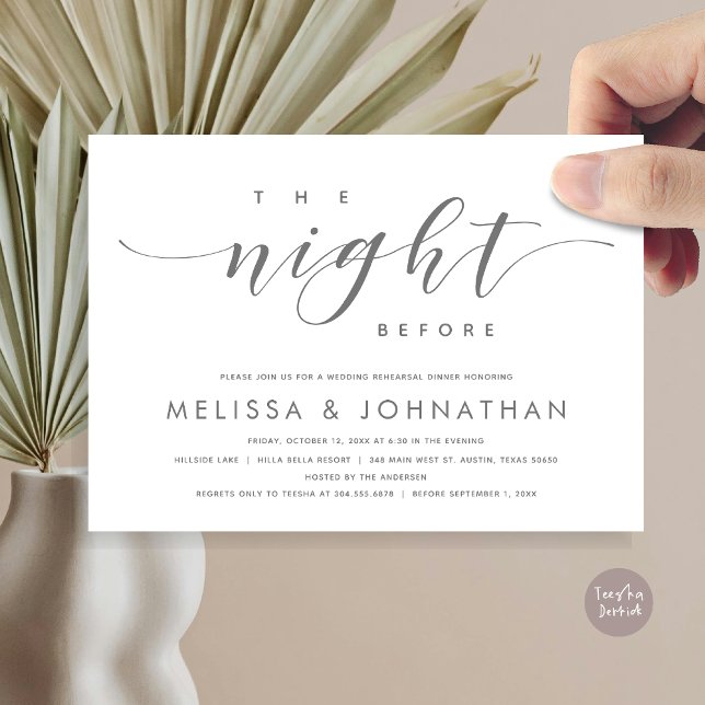 Invitation La veille, Dîner De Répétition Mariage Moderne (The Night Before, Modern Wedding Rehearsal Dinner Invitation Card, PDF, in Dark Grey)