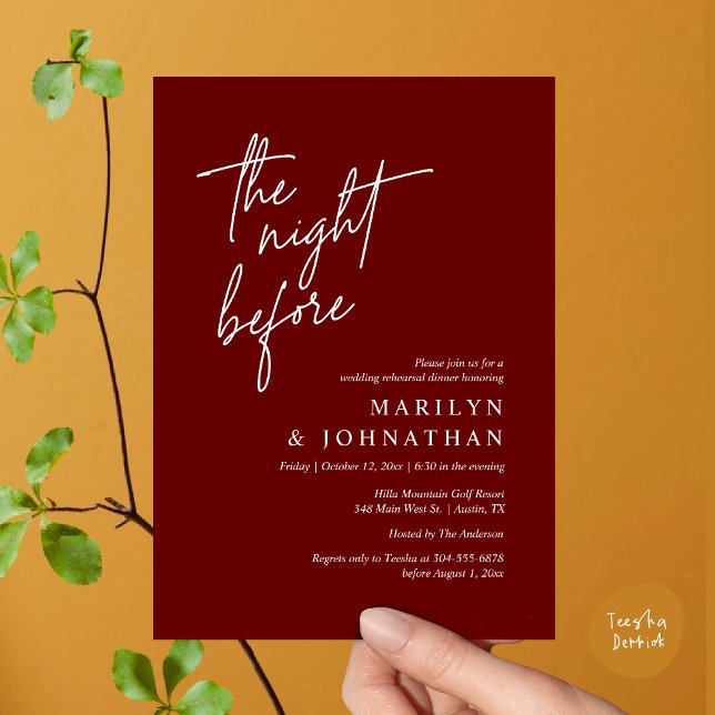 Invitation La veille, Dîner De Répétition Mariage Moderne (The Night Before, Modern Wedding Rehearsal Dinner Invitation Card PDF in Burgundy Wine Red)
