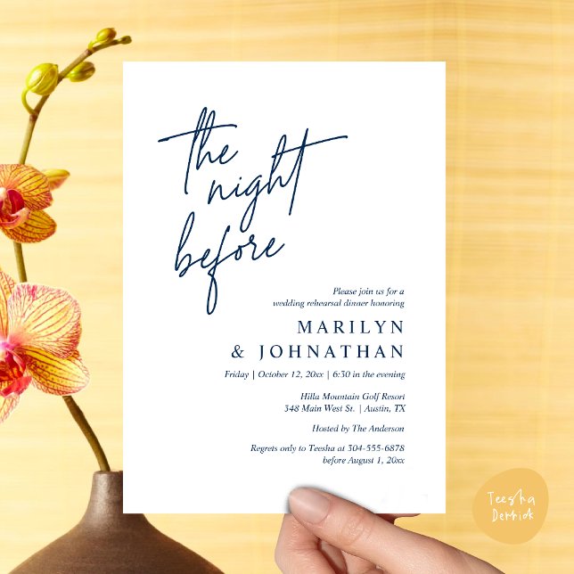 Invitation La veille, Dîner De Répétition Mariage Moderne (The Night Before, Modern Wedding Rehearsal Dinner Invitation Card PDF in Classy Navy Blue)
