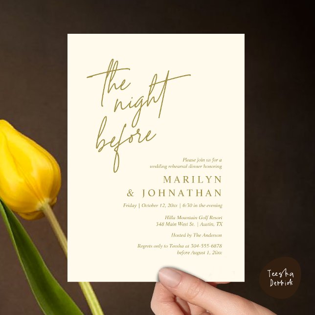 Invitation La veille, Dîner De Répétition Mariage Moderne (The Night Before, Modern Wedding Rehearsal Dinner Invitation Card PDF in Classy Yellow Gold)