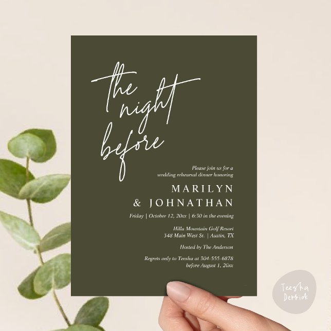Invitation La veille, Dîner De Répétition Mariage Moderne (The Night Before, Modern Wedding Rehearsal Dinner Invitation Card PDF in Classy Olive Green Greenery)