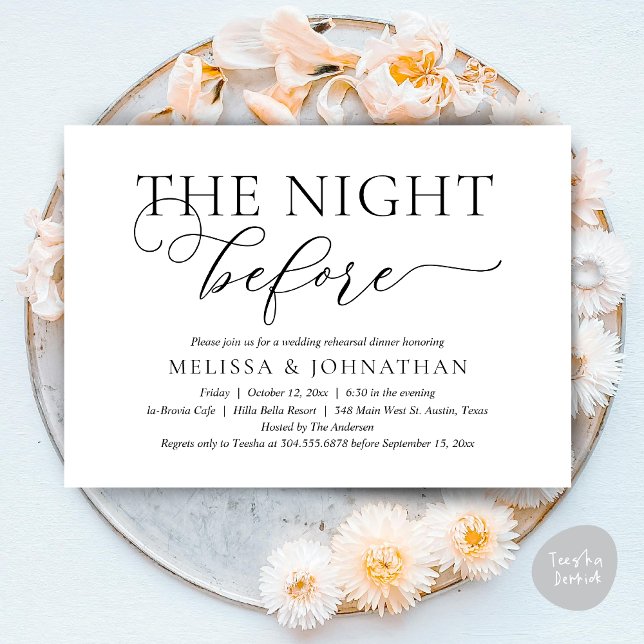 Invitation La veille, Dîner De Répétition Mariage Moderne (The Night Before, Romantic Wedding Rehearsal Dinner Invitation Card, PDF, Black white)