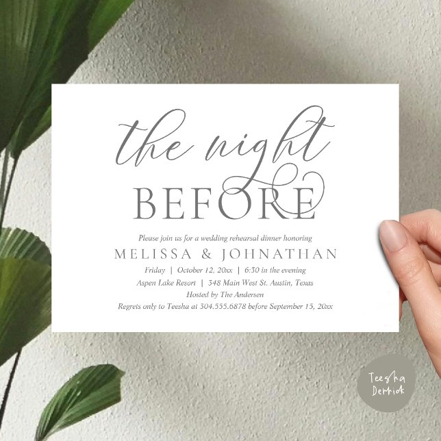 Invitation La veille, Dîner De Répétition Mariage Moderne (The Night Before, Modern Wedding Rehearsal Dinner Invitation Card, PDF, Classy Elegant, Dark Grey)