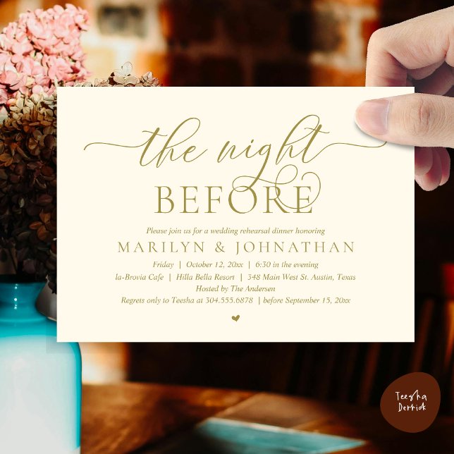 Invitation La veille, Dîner De Répétition Mariage Parfait (The Night Before, Perfect Wedding Rehearsal Dinner Modern Classy Invitation Card, PDF, Yellow Gold)